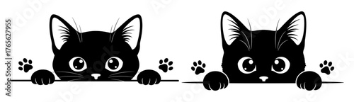 Vector art of two cute black cats are peeking over a ledge in a black and white vector illustration