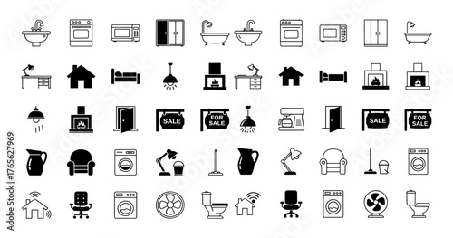Vector art of collection of house furniture and equipment icons, representing various household items and amenities