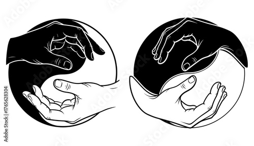 Vector art of yin yang hands, symbolizing balance, harmony, duality, and the interconnectedness of opposing forces