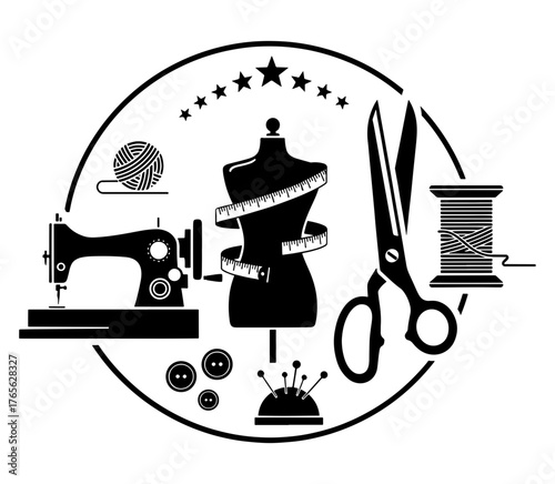 Vector art of sewing and tailoring icons, representing fashion, design, and garment creation