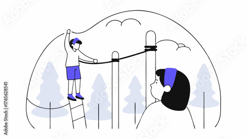 An outdoor teambuilding activity such as a ropes course where a mentor supports and encourages a teen facing a challenge highlighting personal growth and resilience.