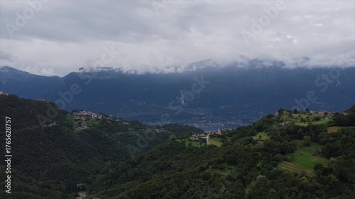 Lombardy lake and Italian Alps drone panorama