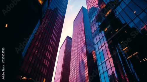 Reflective skyscraper business office buildings. Bottom up view of big modern city urban landscape