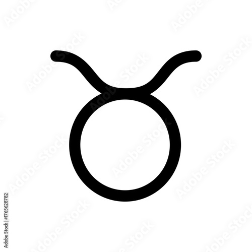 A simple black taurus zodiac sign consisting of a circle with two curved horns on a white background