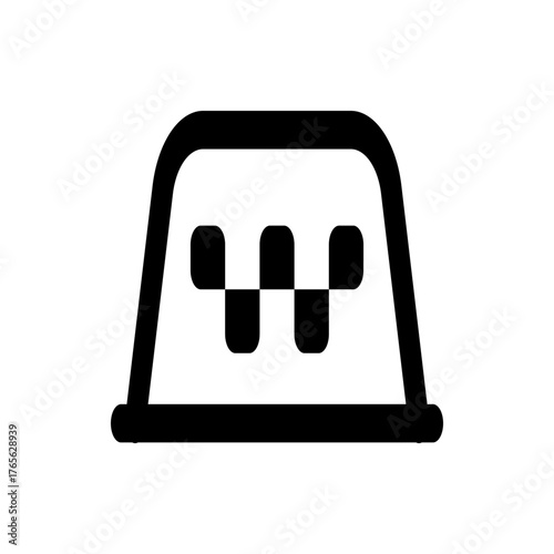 A simple black and white taxi top sign with a checkered pattern on the top of the taxi vehicle icon