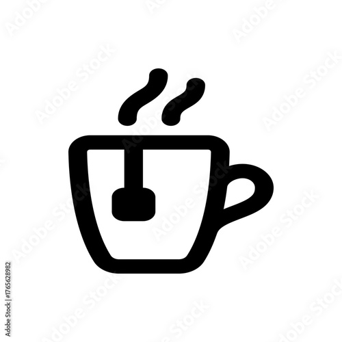 A simple black outline drawing of a tea cup with steam and a tea bag inside on a white background image