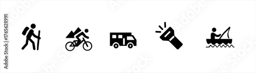 Camping and outdoor adventure icon set for travel, hiking, and nature design projects
