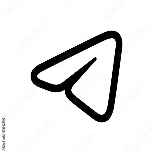 A stylized black outline of a paper airplane with a distinctive shape on a plain white background design