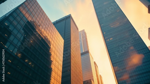 Reflective skyscraper business office buildings. Bottom up view of big modern city urban landscape