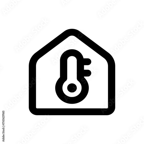 Illustration of a house outline containing a thermometer indicating temperature control and home automation system