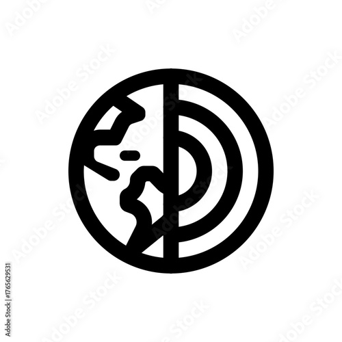 Illustration of a halved earth with one side showing landmasses and the other showing internal layers