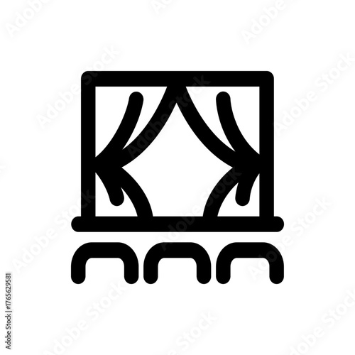 Illustration of a theater stage with curtains and audience seating in simple black and white outline style design