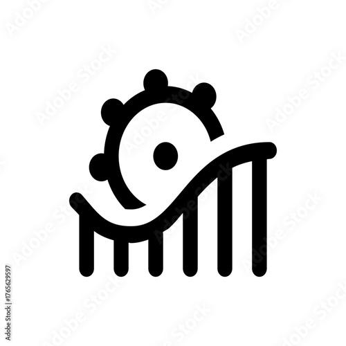 A simple black and white icon depicting a roller coaster with a gear at the top of the track design icon