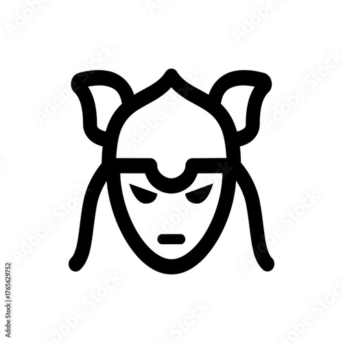 Stylized depiction of a valkyrie face with winged helmet and stern expression in bold black outline style