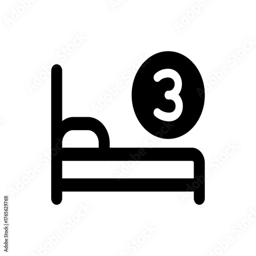 Illustration of a single bed with a headboard and the number three inside a circle on the top right side