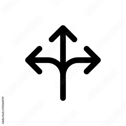 A black arrow splits into three directions pointing up left and right on a white background illustration