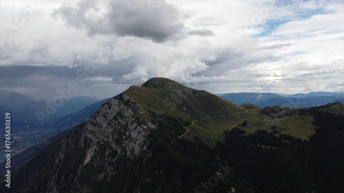 Aerial panorama of Lombardy lake and Italian Alps