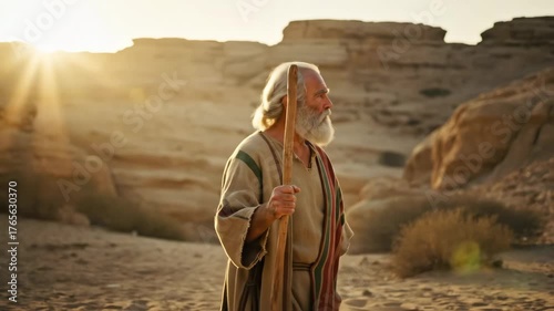Old man with a staff walking in desert with sunset behind him, biblical times concept for religious video footage