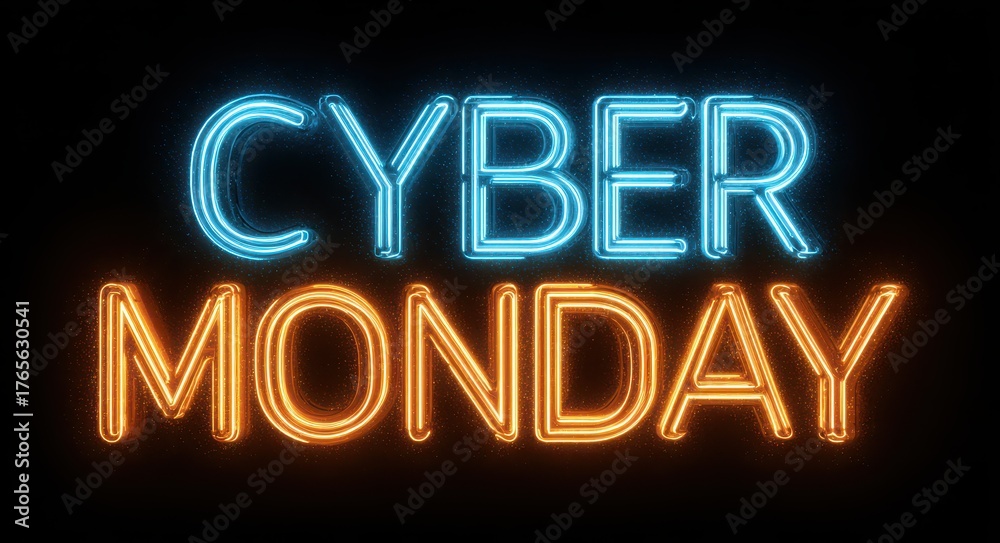 Fototapeta premium Cyber Monday Glitter. Bold Glowing Text Effect in Blue and Orange Colors