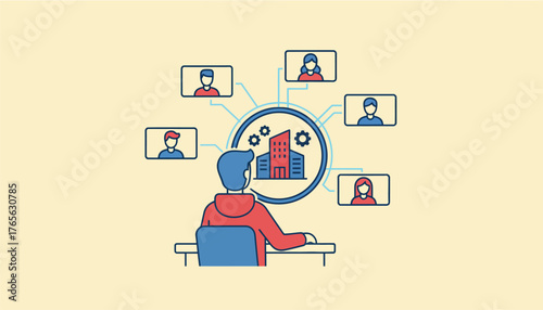 Person is collaborating online with a distributed team, engaging in a virtual meeting with colleagues and managing business operations from a remote office setting