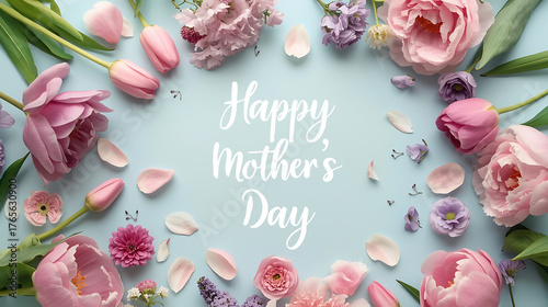 Delicate pink tulips and peonies frame a Happy Mother's Day message, creating a beautiful greeting for cards, invitations, and heartfelt wishes