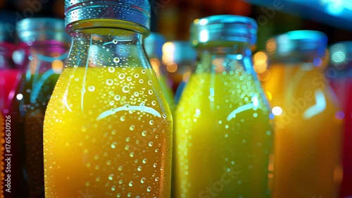 A row of bottles of juice with a clear plastic top. The bottles are of different colors and are lined up on a shelf