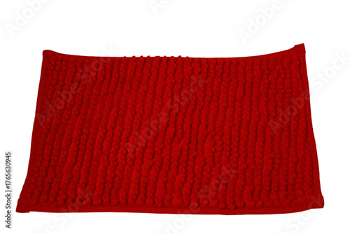 Red bath mat, chenille microfiber, absorbent, plush comfort, isolated transparent Background