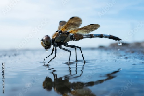 Dragonfly perched on water surface with reflection and dew drop