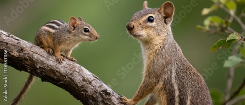 Two striped rodents perched on a tree branch in a natural setting