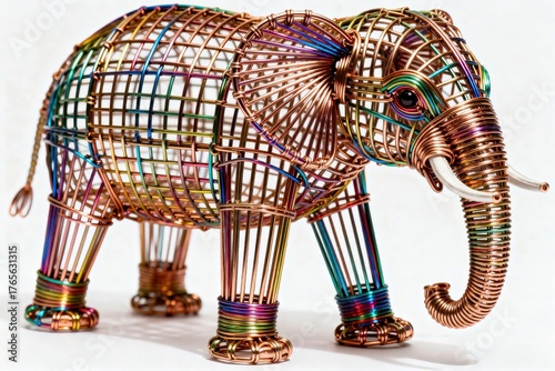 Wire sculpture of an elephant made from colorful metal coils