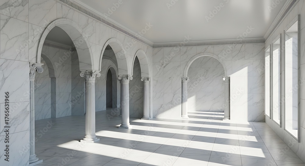 Fototapeta premium Elegant White Hallway with Arches and Sunlight.