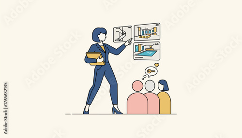 Real estate agent standing, holding documents, pointing at screen images of different properties to an interested couple looking for their dream house, transparent background