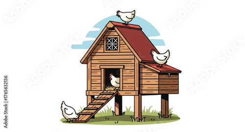 Wooden house and chickens
