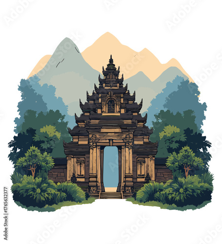 This stunning, symmetrical artwork depicts the majestic architecture of a Balinese Hindu temple gate, often referred to as the "Gate of Heaven."