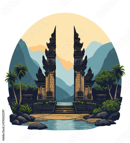 A richly detailed illustration of the iconic Balinese split temple gate (Candi Bentar)