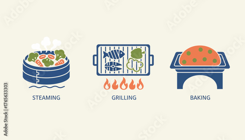 Food preparation methods illustration showing steaming vegetables in a bamboo steamer, grilling fish and bell pepper on a barbecue, and baking a casserole in an oven dish