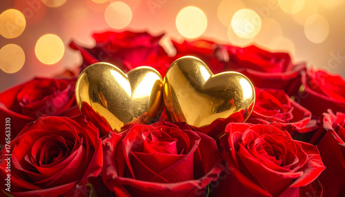 deux coeurs sur des roses rouges