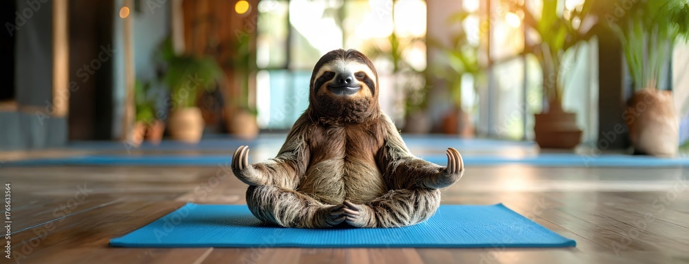 Fototapeta premium A meditating sloth sits on a yoga mat in a peaceful indoor studio, humorously embodying mindfulness, relaxation, and wellness trends