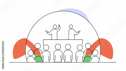A wide shot of a packed meeting space with silhouettes of individuals animatedly interacting against a backdrop of dynamic color splashes portraying the vibrancy of community