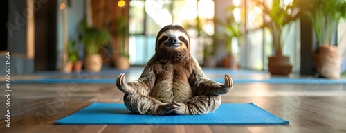 A meditating sloth sits on a yoga mat in a peaceful indoor studio, humorously embodying mindfulness, relaxation, and wellness trends