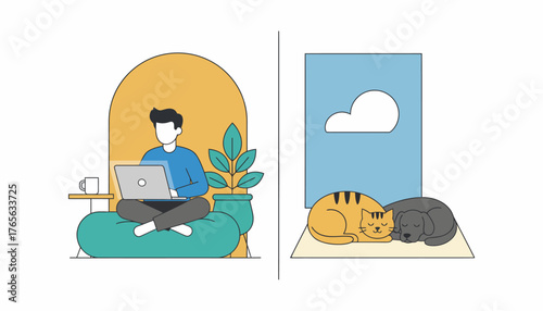 Man comfortably working on laptop at home, sitting on a bean bag while a cat and dog peacefully sleep near a window, illustrating remote work and modern lifestyle