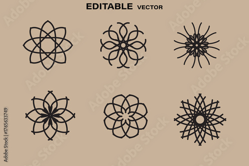 Collection of six intricate black geometric mandala designs on beige background