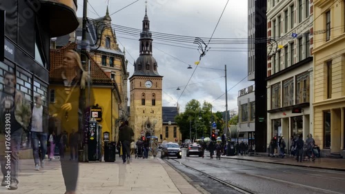 Busy city life. Pedestrians in old street in Oslo downtown,  Norway. Time Lapse. 