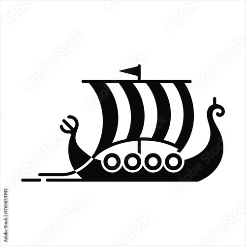 Iconic Viking Longship Silhouette With Detailed Sails And Oars Ancient Nautical Travel Vector