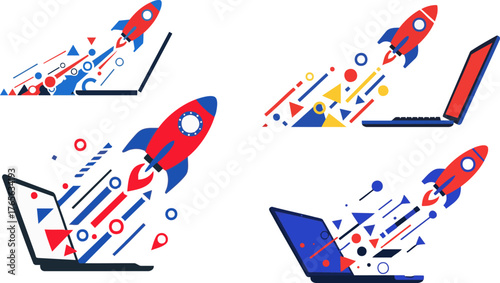 Rockets launching from laptops symbolize startup success and technological advancement