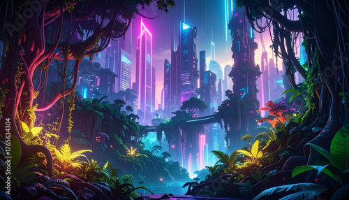 Surreal artistic background of dense glowing jungle roots and vines growing over futuristic skyscrapers, blending wild nature with advanced urban architecture, neon highlights, abstract HD design