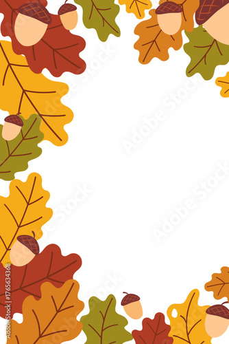 Fall vertical card with hand drawn oak leaves and acorn with copy space. Flat vector illustration. Modern template for background, poster, cover, invitation