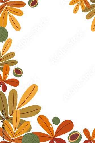 Autumn multicolored vertical background with hand drawn chestnut leaves, nuts in flat vector style and copy space. Universal design for card, poster, cover, advertising, invitation