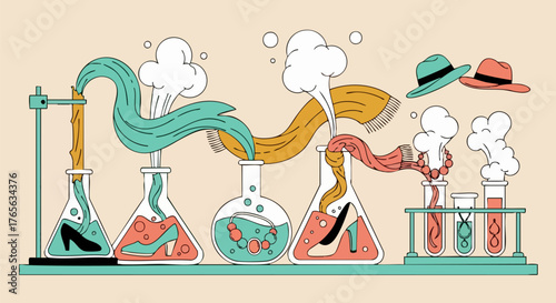 Fashionable experiment with shoes and hats in beakers creating a stylish new look