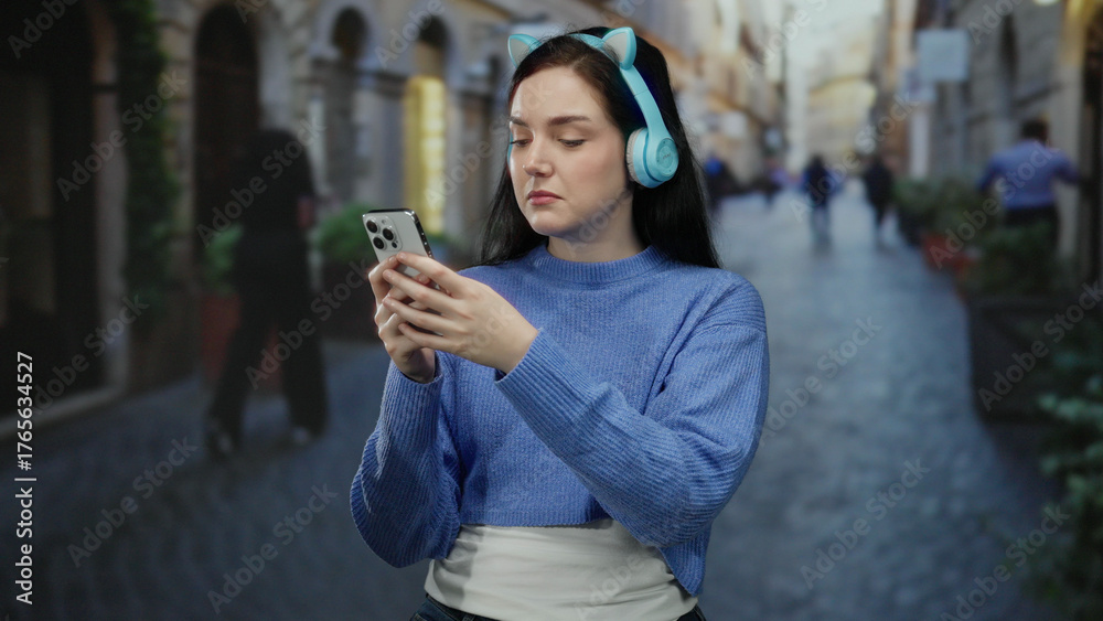Fototapeta premium Woman in blue sweater with headphones uses smartphone on cobblestone street in beautiful old city, surrounded by historic architecture.
